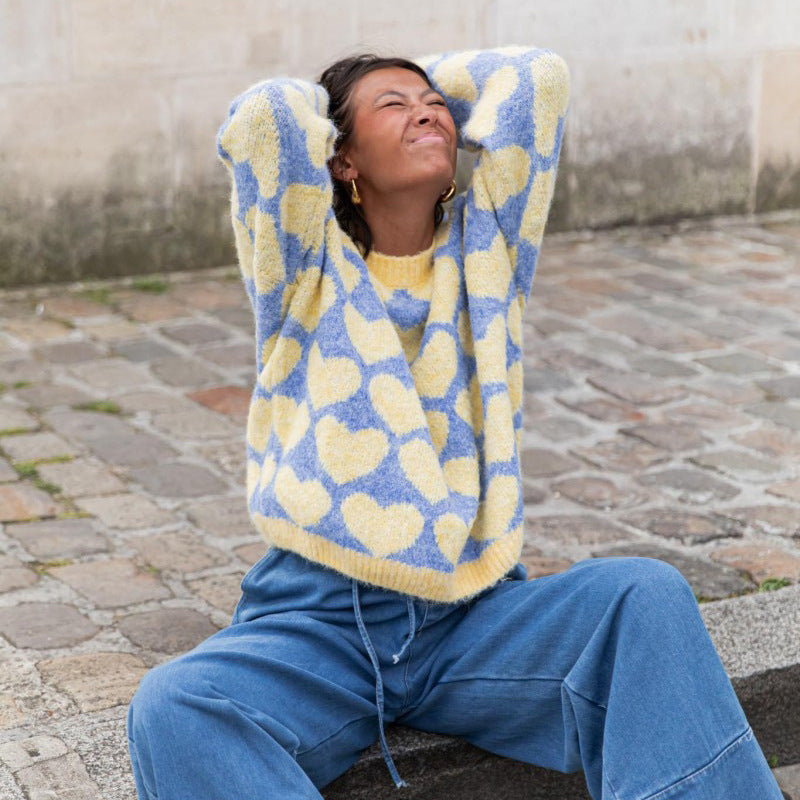 Damen Oversized Pullover mit Herzmuster und weitem Schnitt Drune