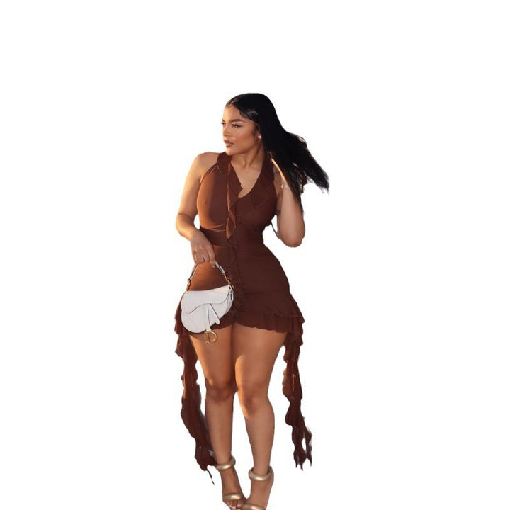 Damen sexy Minikleid mit Rüschen und schulterfreiem Design Drune