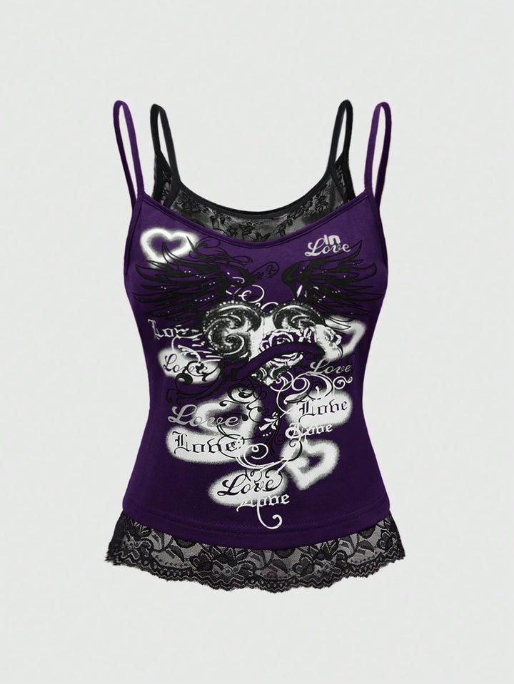 Damen Spitze Cami Top mit Grafischem Print Drune