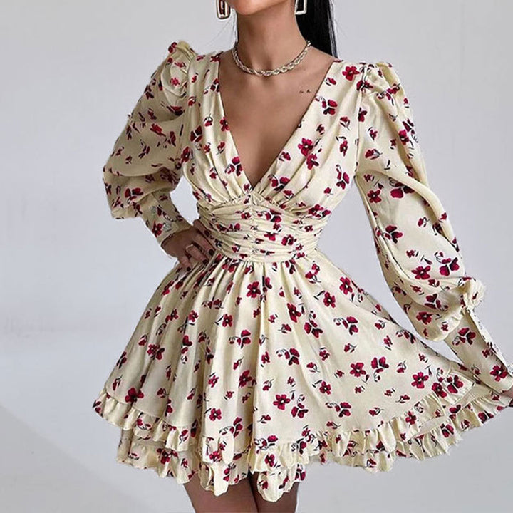 Damen Verspieltes Blumenkleid mit voluminösen Ärmeln und gerafftem Rock Drune