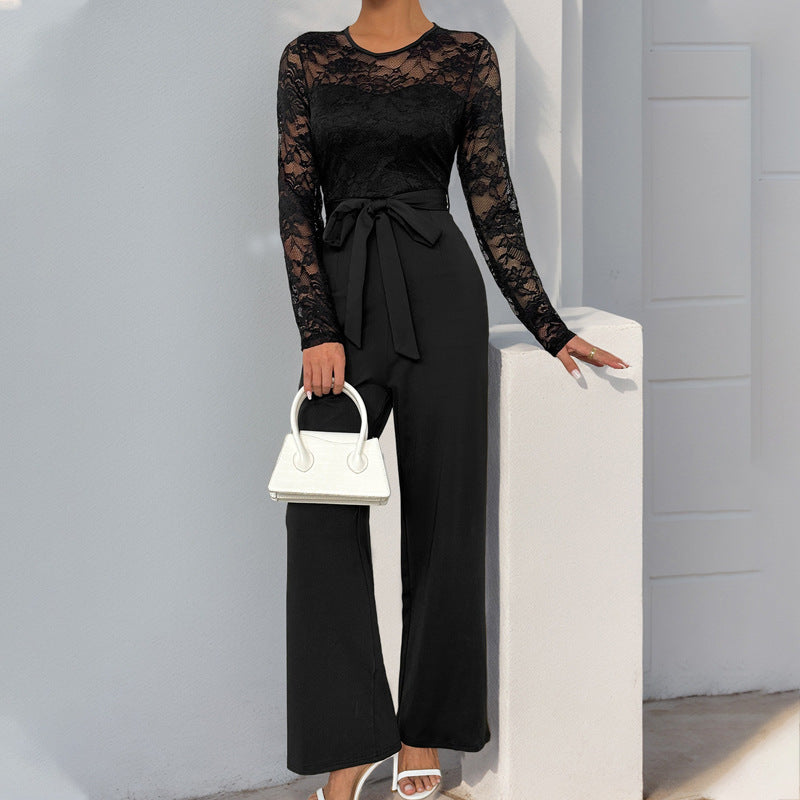 Damen eleganter Jumpsuit mit Spitzenoberteil und taillierbarem Gürtel Drune