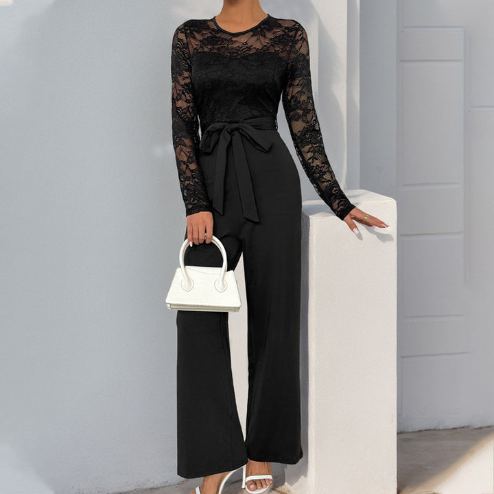 Damen Jumpsuit mit elegantem Spitzenoberteil und taillierbarem Gürtel Drune