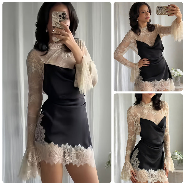 Damen Chiffon Abendkleid mit eleganten Spitzendetails und schwingenden Ärmeln Drune