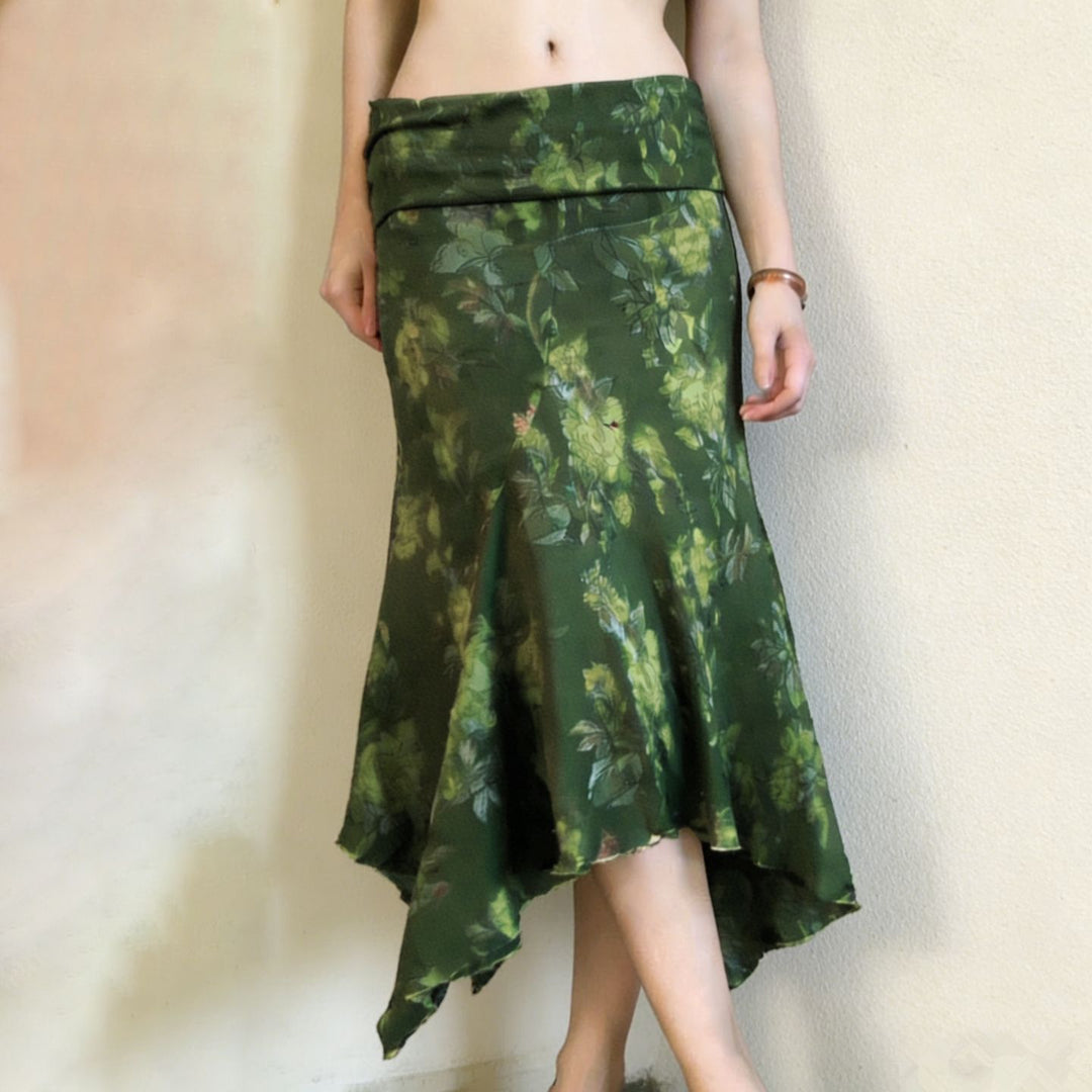 Damen asymmetrischer Wickelrock mit floralem Design und elastischem Bund Drune
