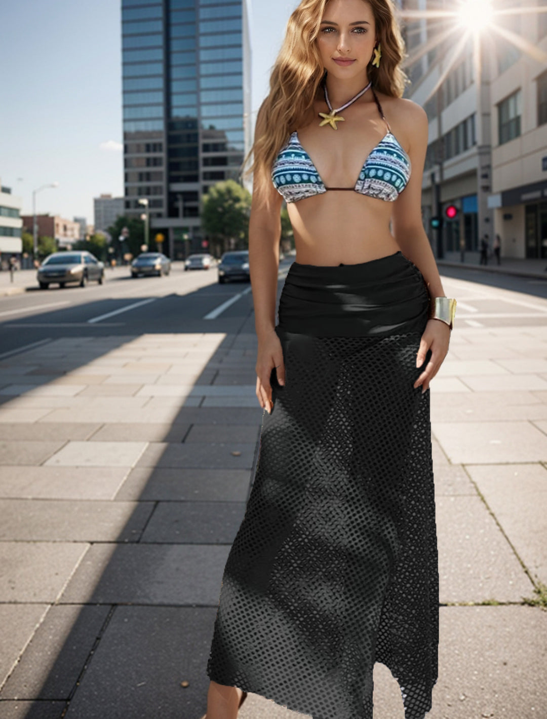 Damen Bikini-Set mit geometrischem Druck und transparenter Strick-Überschlag Drune