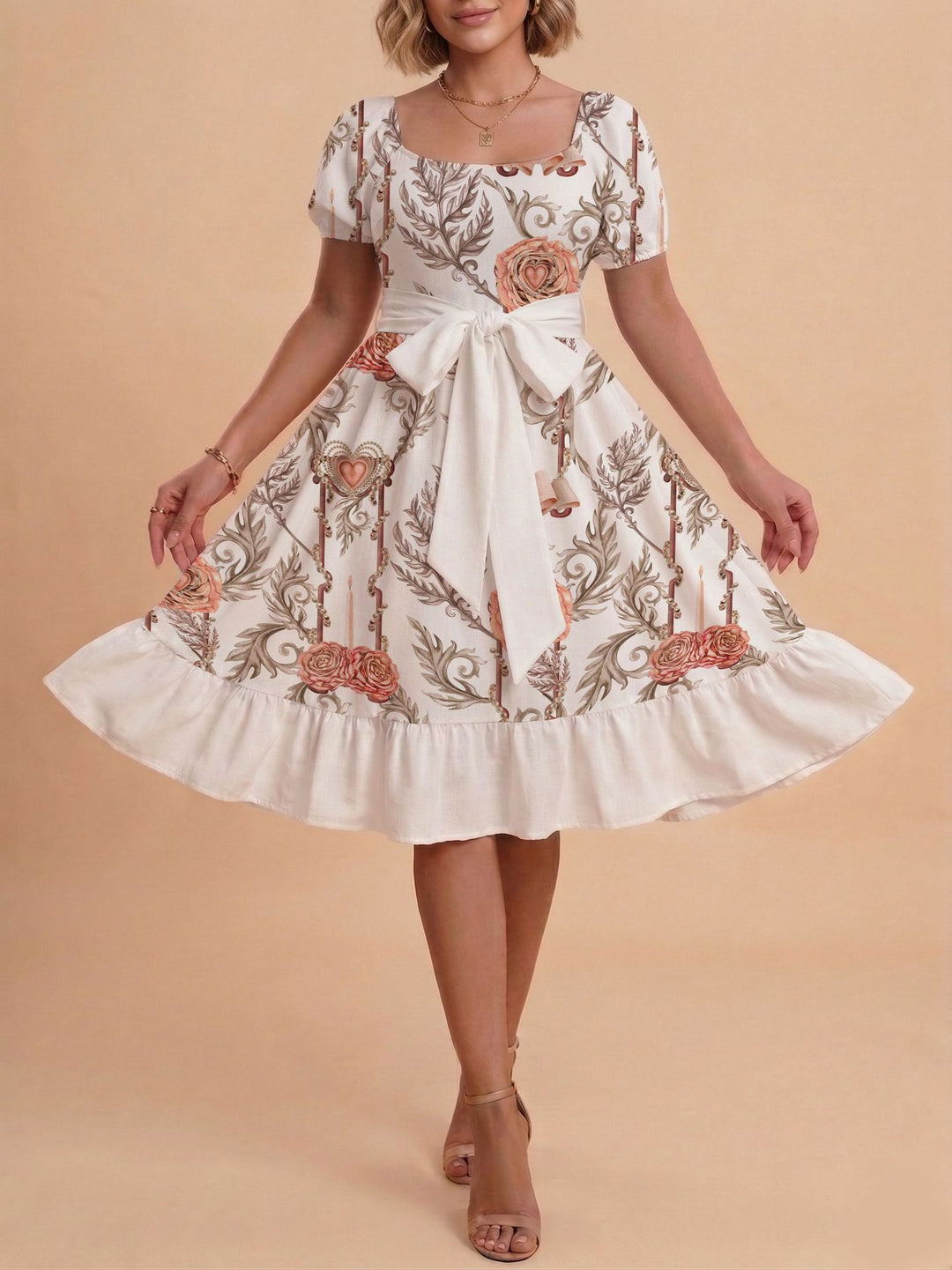 Damen Retro Maxikleid mit Puffärmeln und Taillengürtel Drune