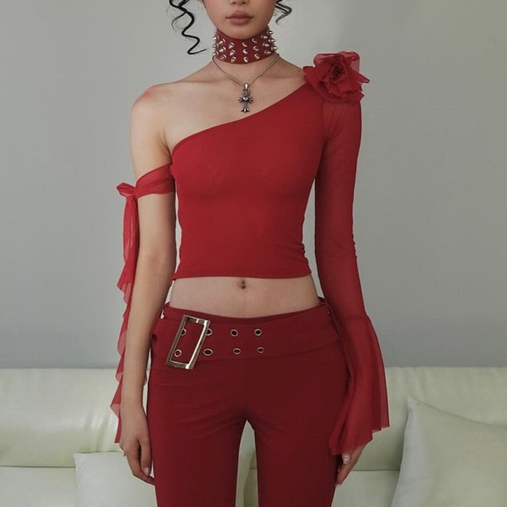 Damen Off-Shoulder Oberteil mit transparenten Ärmeln und dekorativen Akzenten Drune