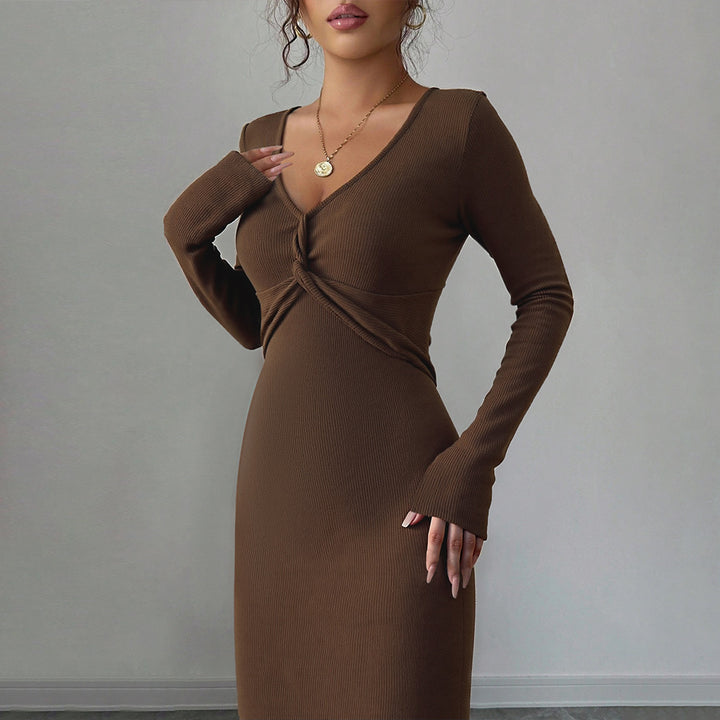 Damen figurbetontes Jersey-Midikleid mit Twist-Detail und langen Ärmeln Drune