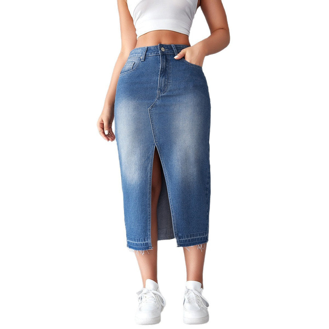 Damen Denim-Midirock mit hohem Schlitz und fransigem Saum Drune
