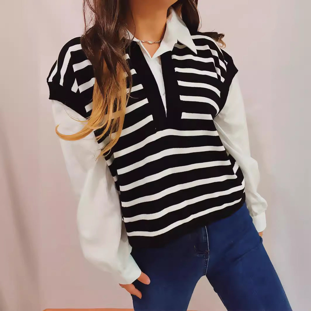 Damen lässiger Polo-Pullover mit gestreiften Design und leichten Puffärmeln Drune
