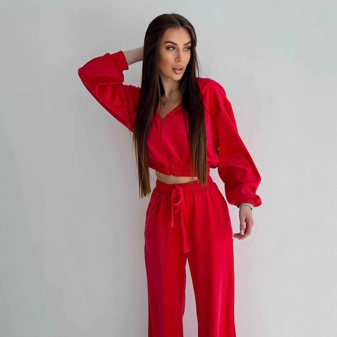 Damen Velours Freizeitanzug mit cropped Oberteil und weitem Bein Drune