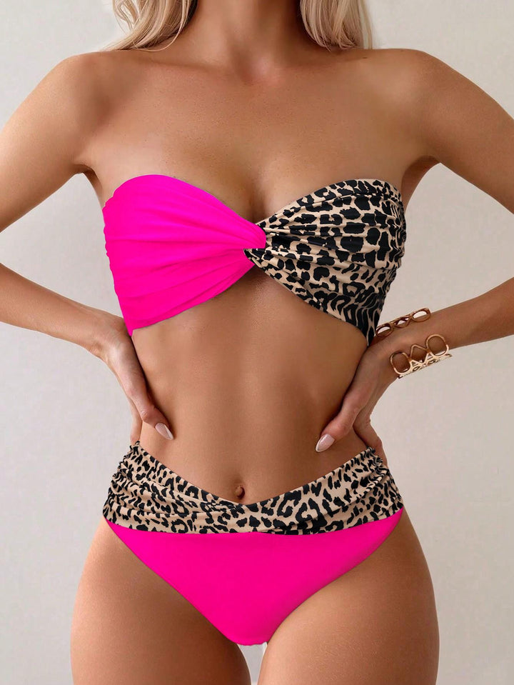 Damen Bandeau-Bikini mit modischem Leopardenmuster und leuchtendem Design Drune