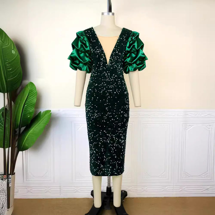 Damen glamouröses Abendkleid mit Puffärmeln Drune