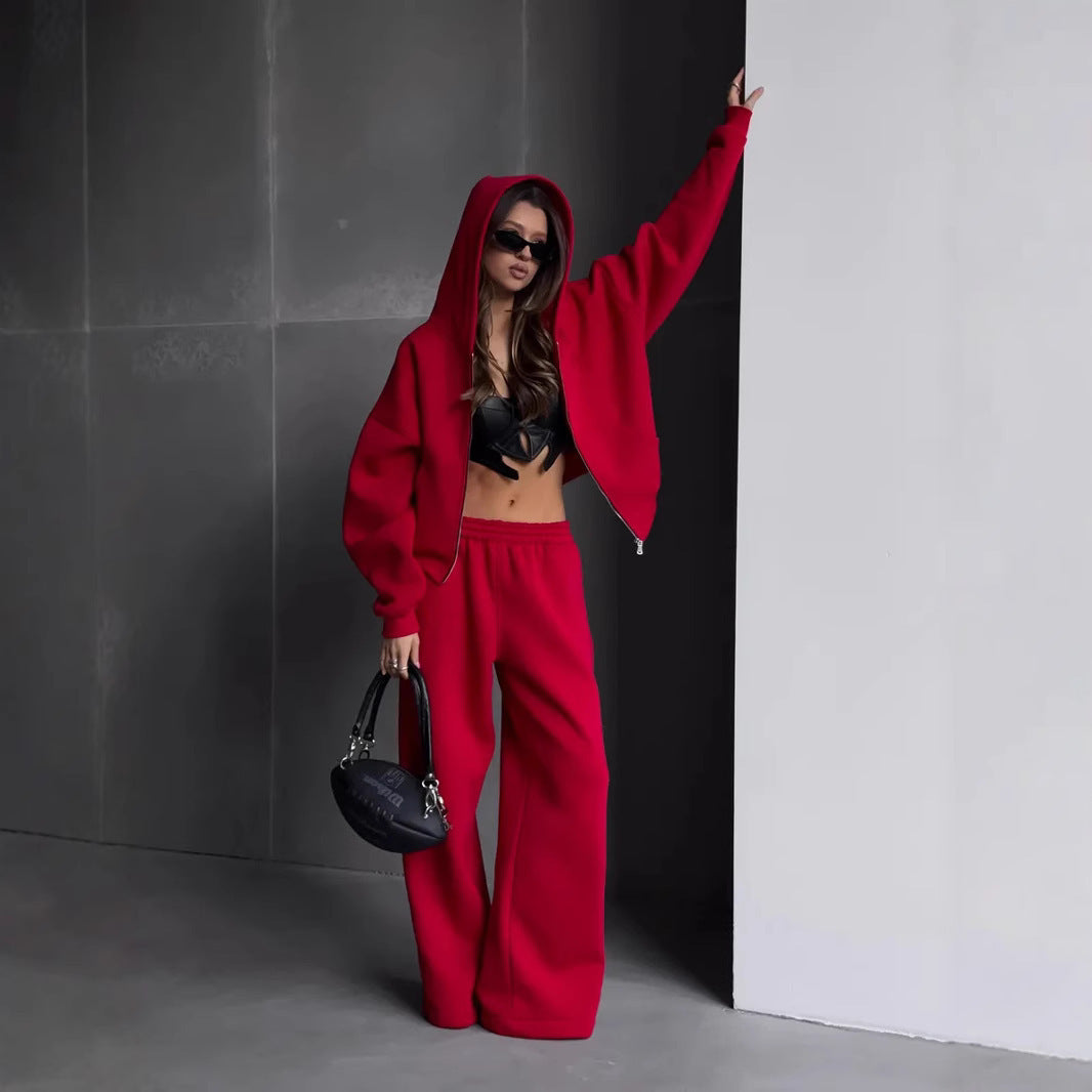 Damen lässige Oversize-Jacke mit durchgehendem Reißverschluss und weiten Hosen Drune