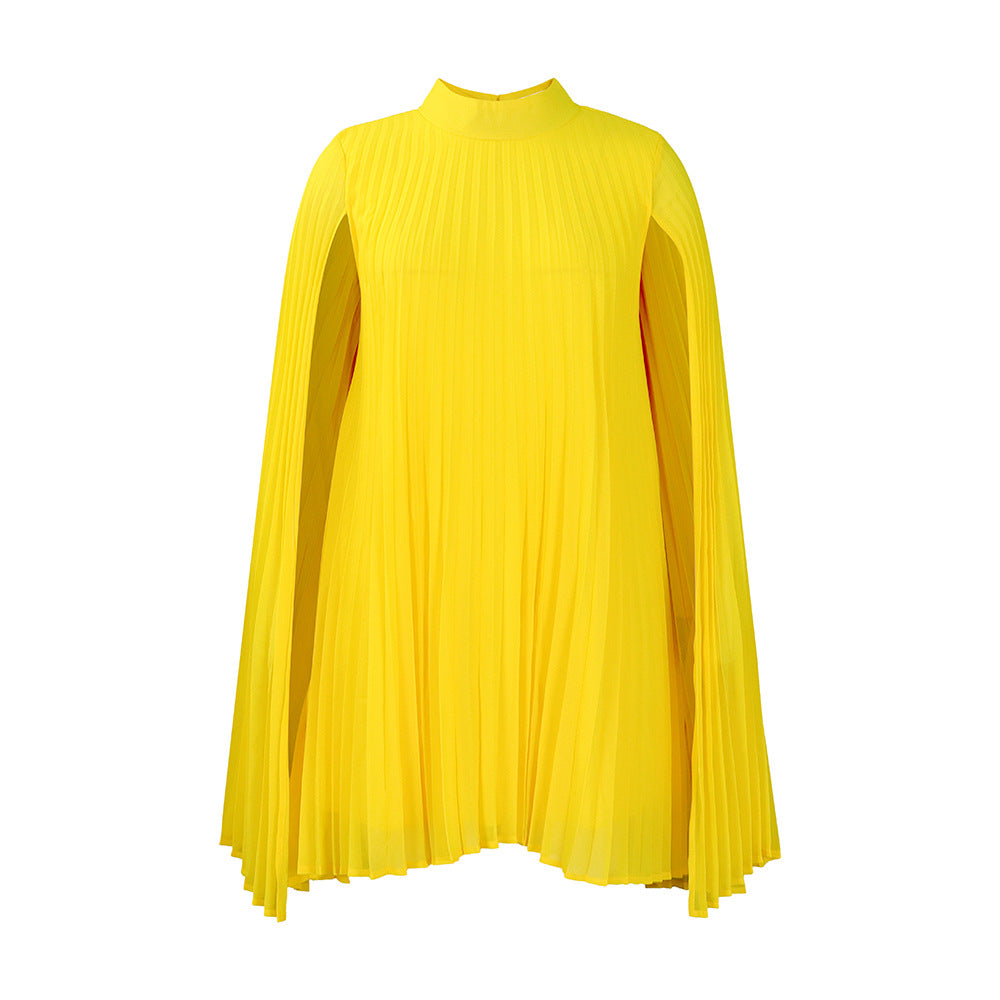 Damen Plissiertes Kleid mit majestätischen Ärmeln und hohem Kragen Drune