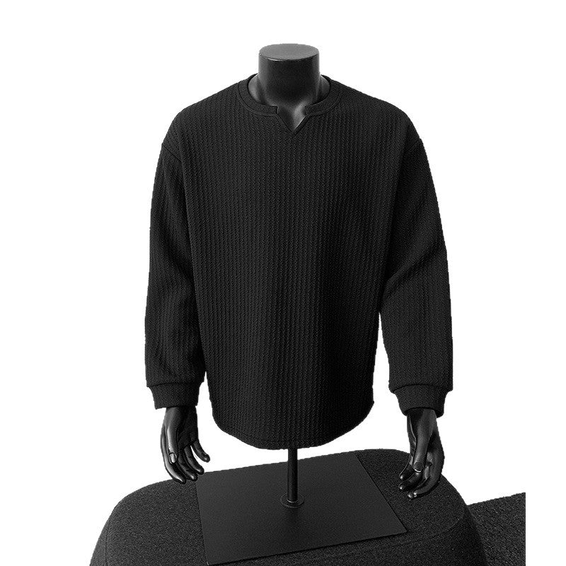 Herren nan grobstrukturierter Strickpullover mit V-förmigem Schlitzkragen und gerundetem Saum Drune