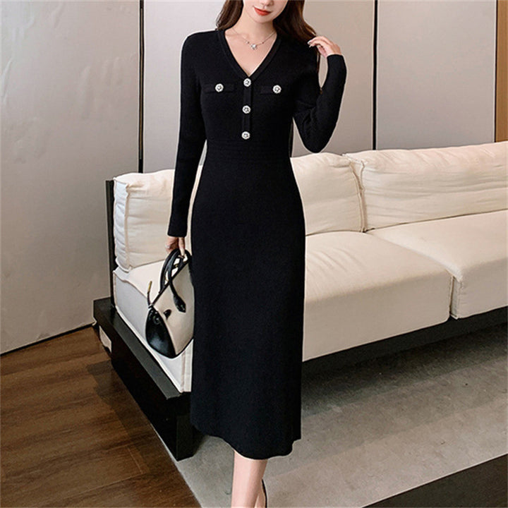 Damen Elegantes Maxikleid mit V-Ausschnitt und Knopfdetails Drune