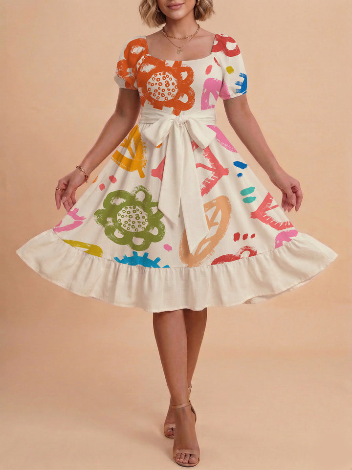 Damen Sommerkleid mit floralem Puffärmel und taillierbarem Gürtel Drune