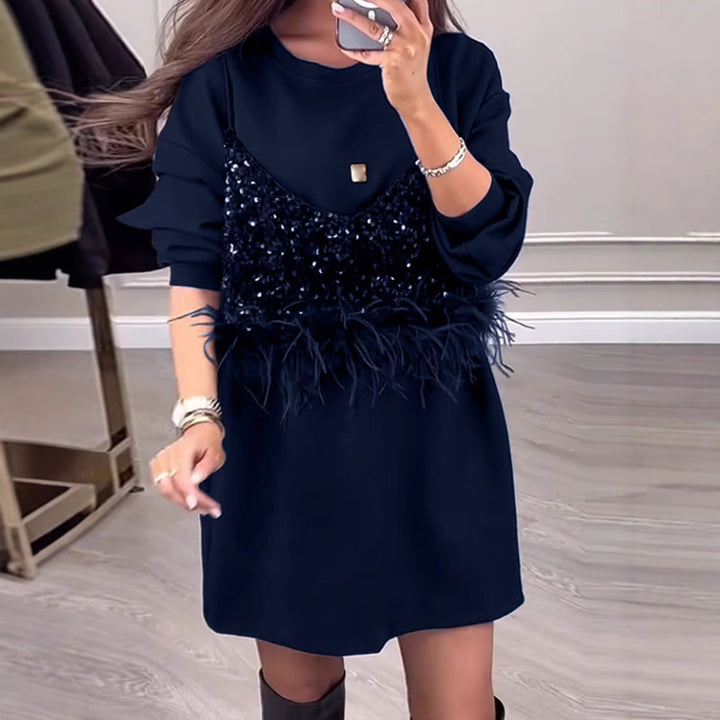 Damen modisches Sweatkleid mit Pailletten- und Federdetails Drune