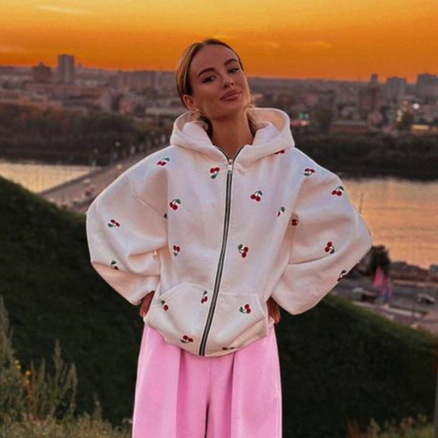 Damen Freizeit Hoodie mit frischem Kirschmuster und praktischer Kapuze Drune