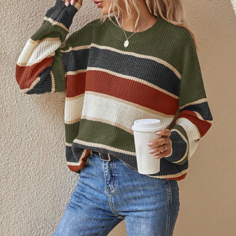 Damen lässiger Pullover mit breiten Blockstreifen Drune
