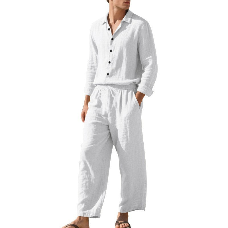 Herren nan Leichtes Leinen Hemd und Hose Set mit Kordelzug und weitem Schnitt Drune