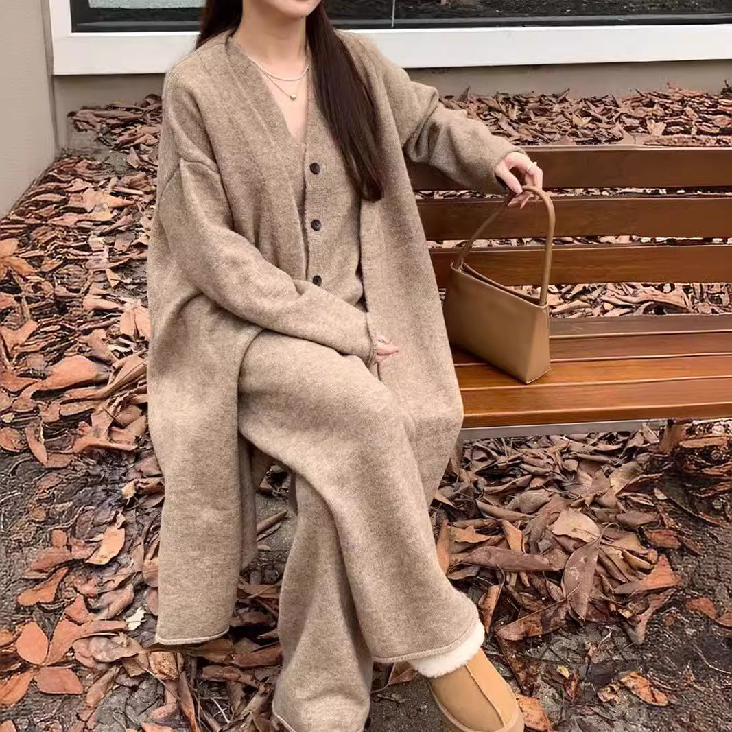 Damen elegantes Strickensemble mit Longcardigan und weiten Hosen Drune