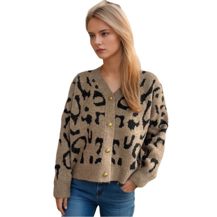 Damen Strickjacke im modernen Leopardenmuster mit Knopfdetails Drune