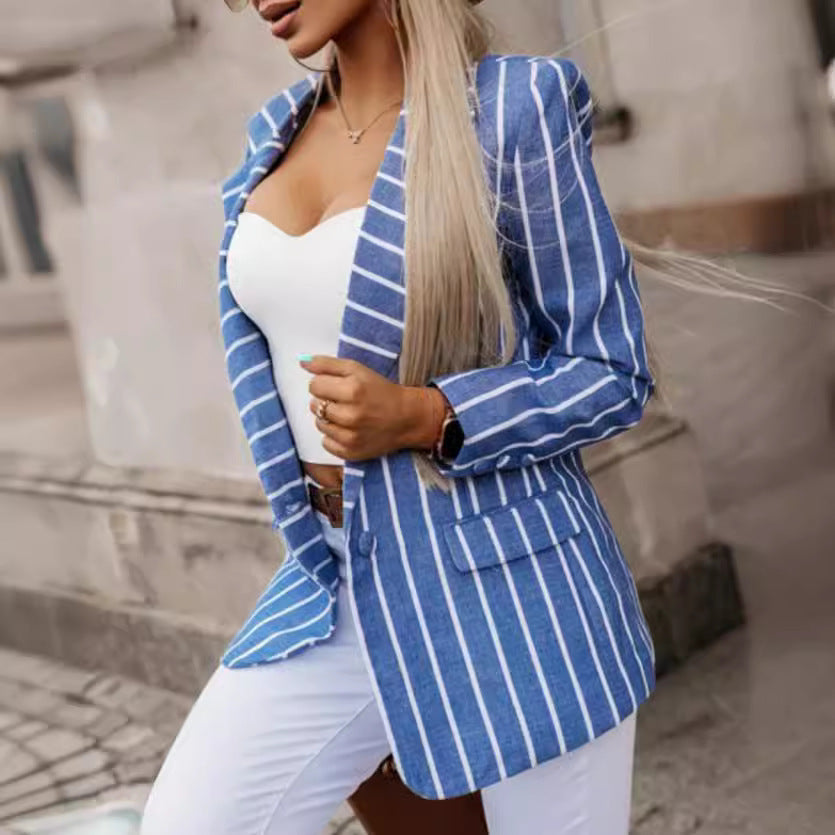Damen Eleganter Streifenblazer mit tailliertem Schnitt und langen Ärmeln Drune