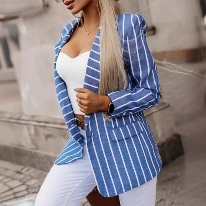Damen Eleganter Streifenblazer mit tailliertem Schnitt und langen Ärmeln Drune