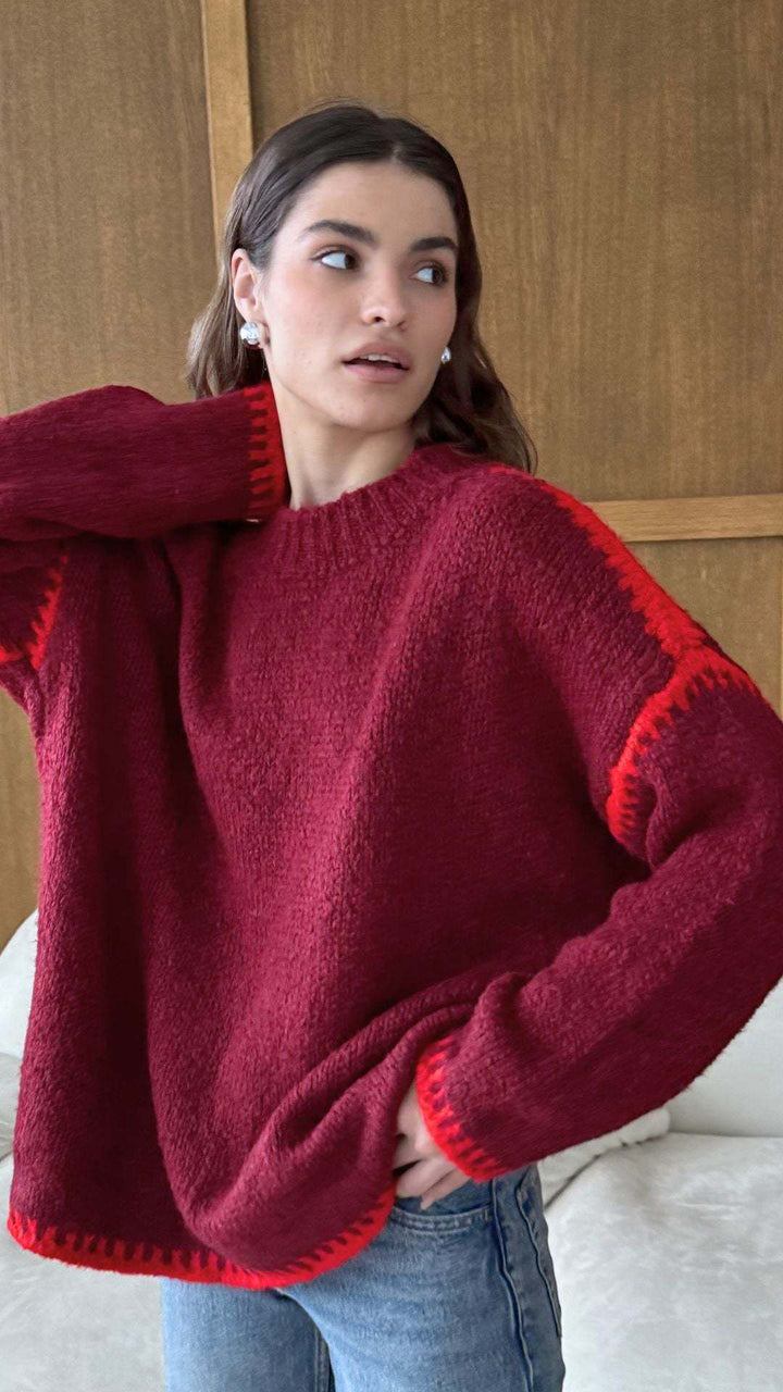 Damen lässiger Strickpullover mit farblich akzentuiertem Saum Drune