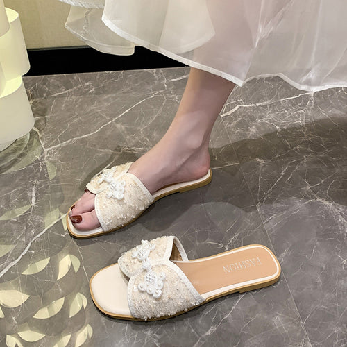 Damen nan elegante Mule mit quadratischer Zehenpartie Bouclé-Obermaterial und Perlenverzierung Drune