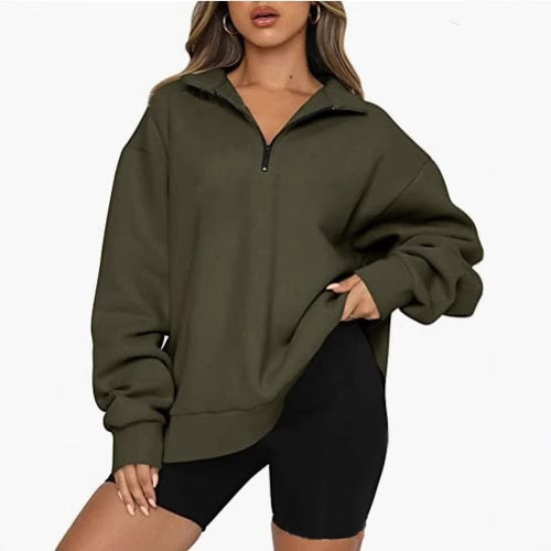 Damen nan oversized Sweatshirt mit halbem Reißverschluss, weichem Fleece-Innenfutter und Kängurutasche Drune