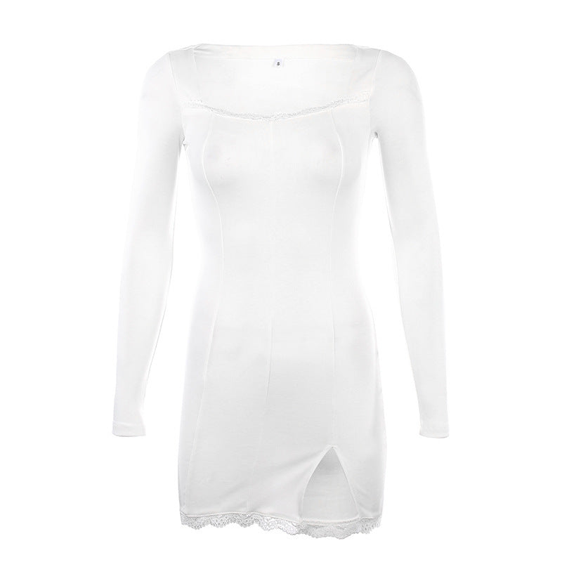Damen figurbetontes Langarmkleid mit Spitzenakzenten und sexy Schlitz Drune
