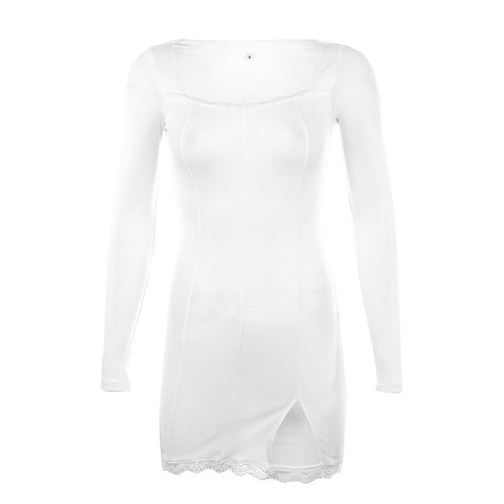 Damen figurbetontes Langarmkleid mit Spitzenakzenten und sexy Schlitz Drune