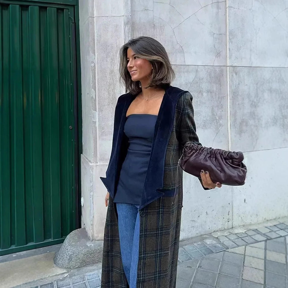 Damen Langblazer mit elegantem Karomuster und Samtkragen Drune