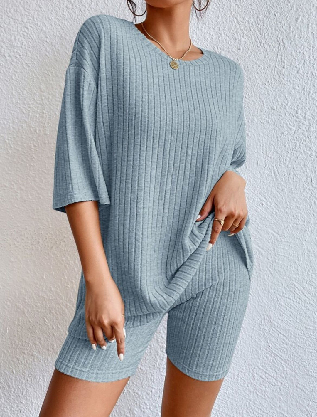 Damen komfortables Kurzarm Set mit Rippstrick und relaxed Schnitt Drune