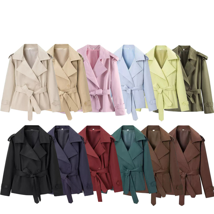 Damen nan kurze Trenchcoat Jacke mit Taillengürtel breitem Revers und dekorativen Schulterklappen Drune
