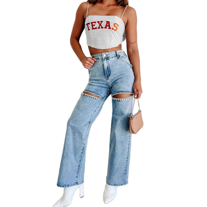 Damenweite Jeans mit Cut-Out-Details und eleganten Fransen Drune