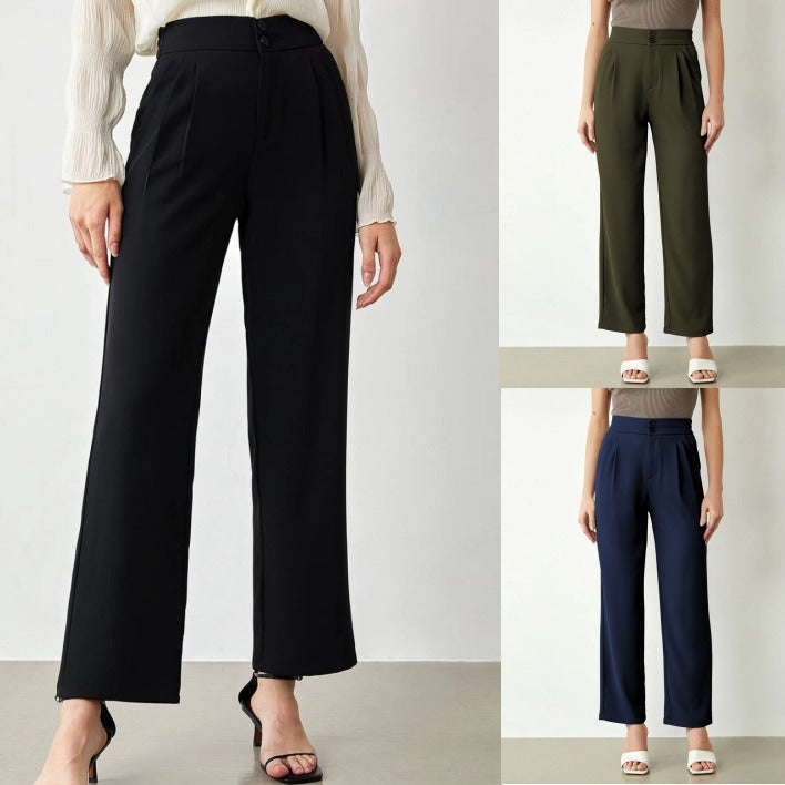 Damen elegante weite Stoffhose mit Bundfalten und hohem Taillenbündchen Drune