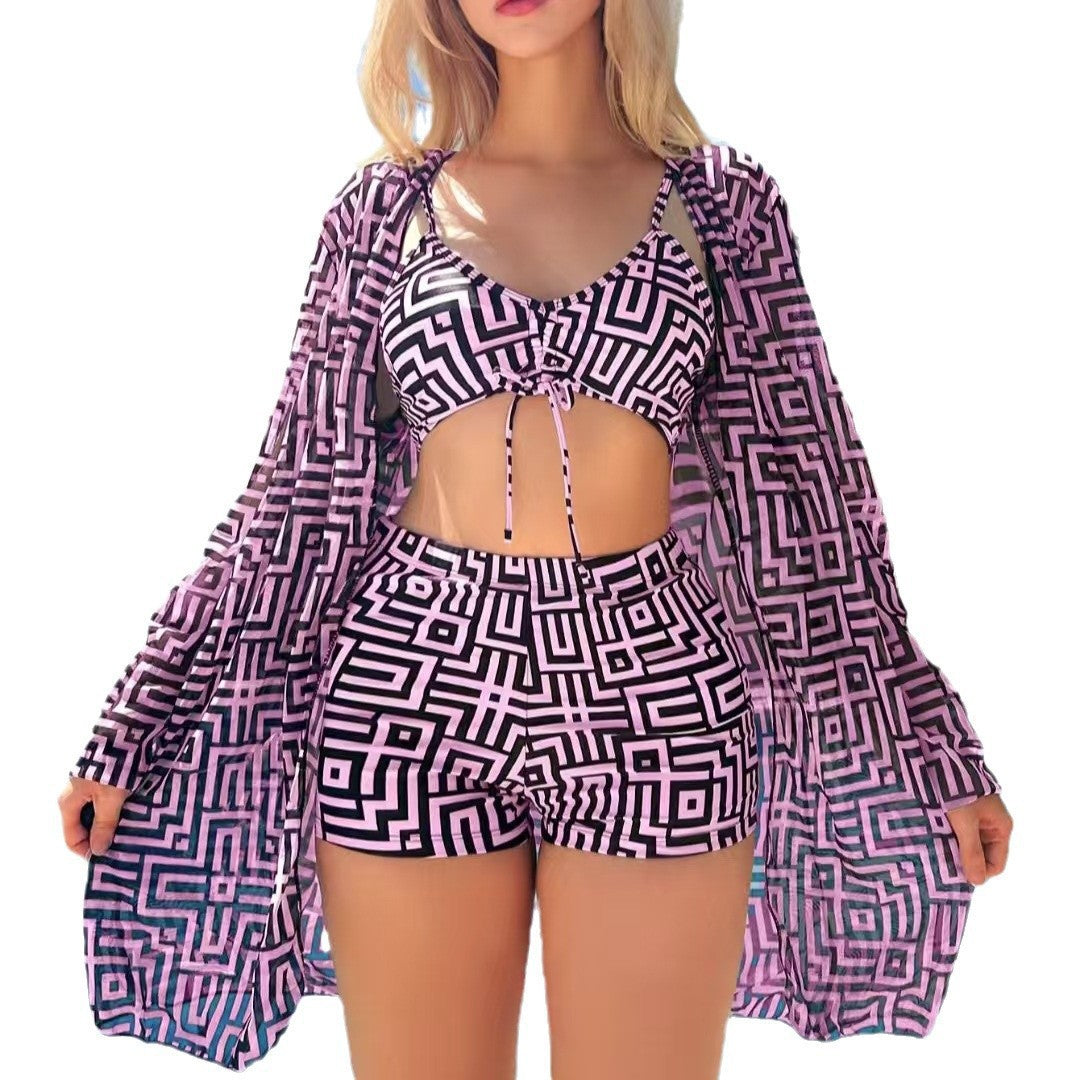 Damen modisches Bikini-Set mit geometrischen Mustern und transparenter Strandjacke Drune