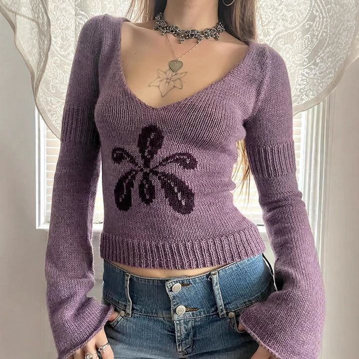 Damen nan kurzes Feinstrick V‑Pullover mit floralem Intarsienmotiv und ausgestellten Trompetenärmeln Drune