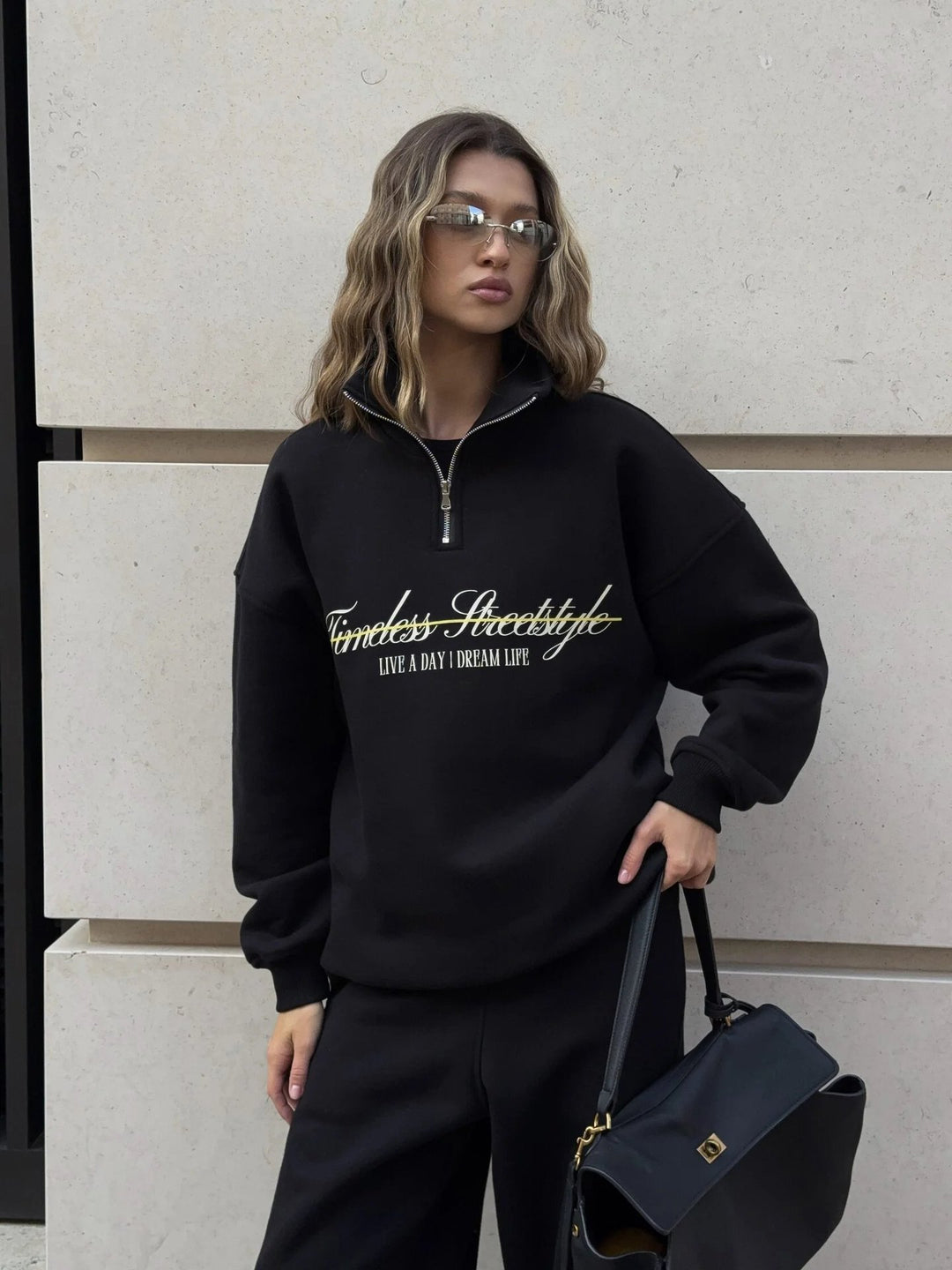 Damen nan oversized Halbzip-Sweatshirt mit hohem Stehkragen und Statement-Print Drune
