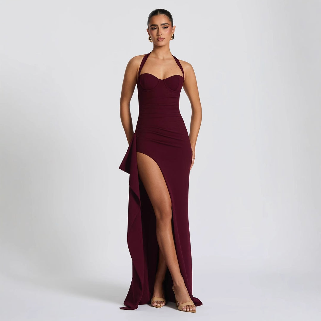 Damen Elegantes Kleid mit asymmetrischem Saum und schicker Nackenbindung Drune