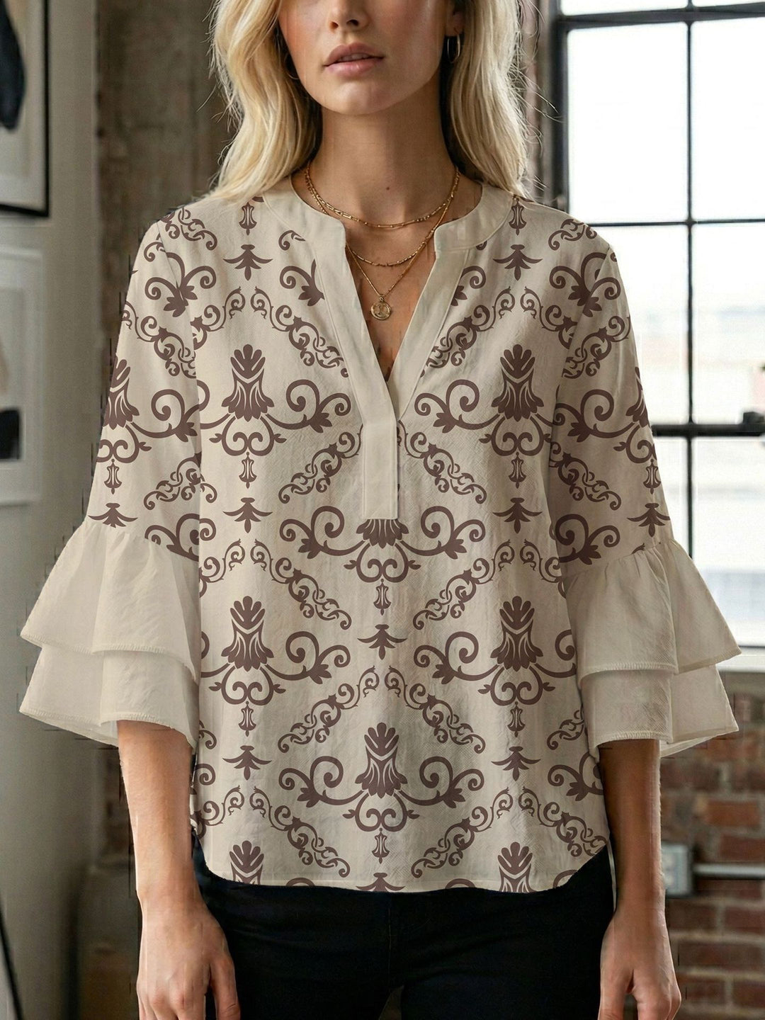 Damen Blusenshirt mit voluminösen Ärmeln und kreativem Druckdesign Drune