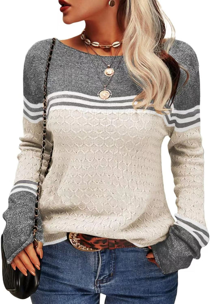 Damen lässiger Strickpullover mit kontrastierenden Farbblöcken und einzigartiger Textur Drune