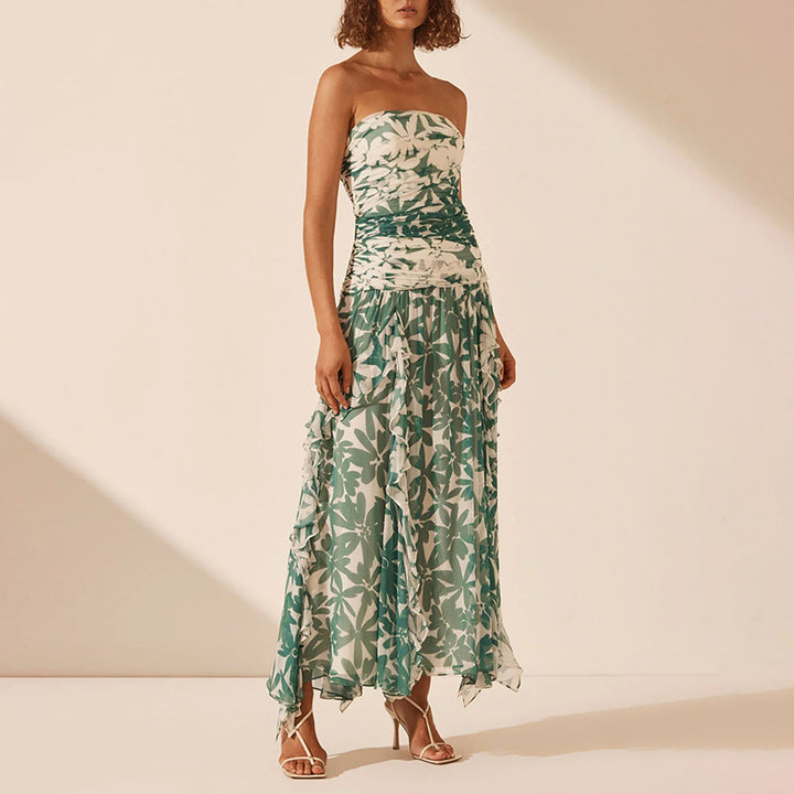 Damen schulterfreies Maxikleid mit Rüschendetails und floralem Muster Drune