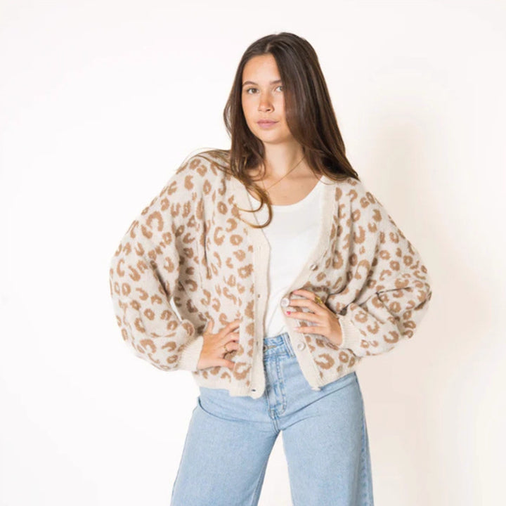 Damen lässiger Strickcardigan mit elegantem Leopardenmuster Drune