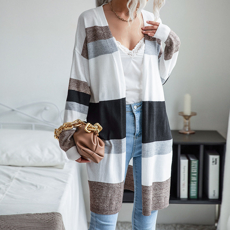 Damen trendige Langarmstrickjacke mit grafischem Streifenmuster Drune