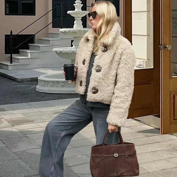 Damen Kunstfelljacke im modischen Cropped-Design mit dekorativen Knöpfen Drune